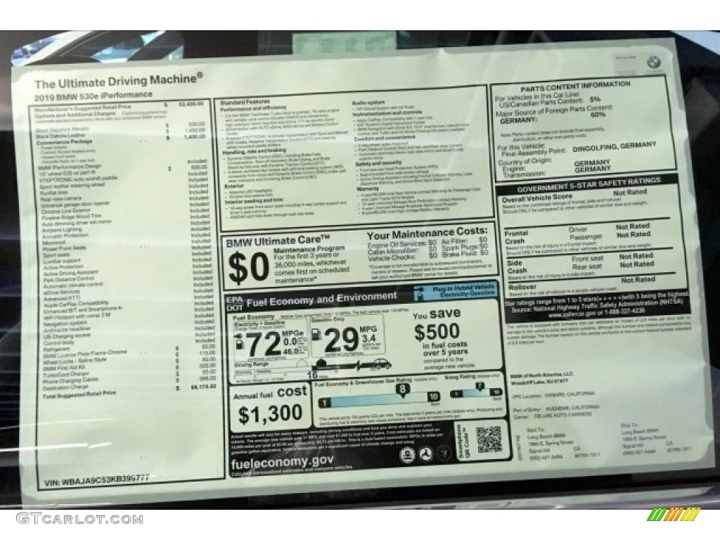2019 BMW 5 Series 530e iPerformance Sedan Window Sticker Photo #136388764