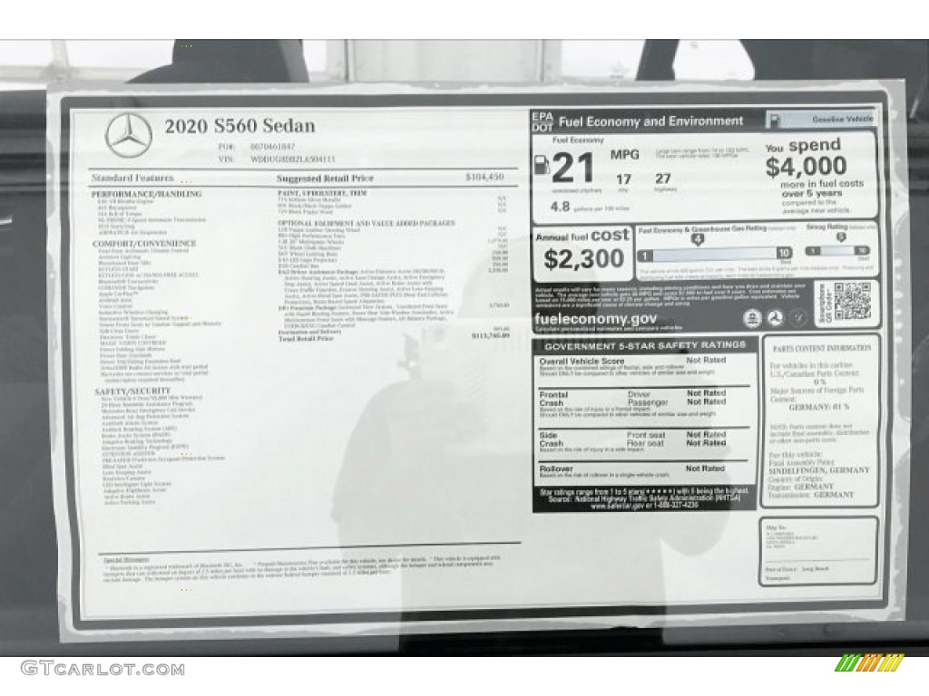 2020 Mercedes-Benz S 560 Sedan Window Sticker Photo #136413406