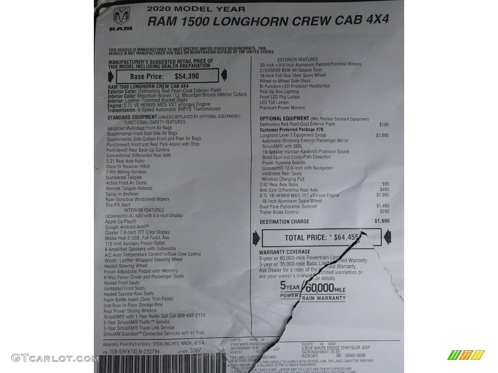 2020 Ram 1500 Longhorn Crew Cab 4x4 Window Sticker Photo #136417885