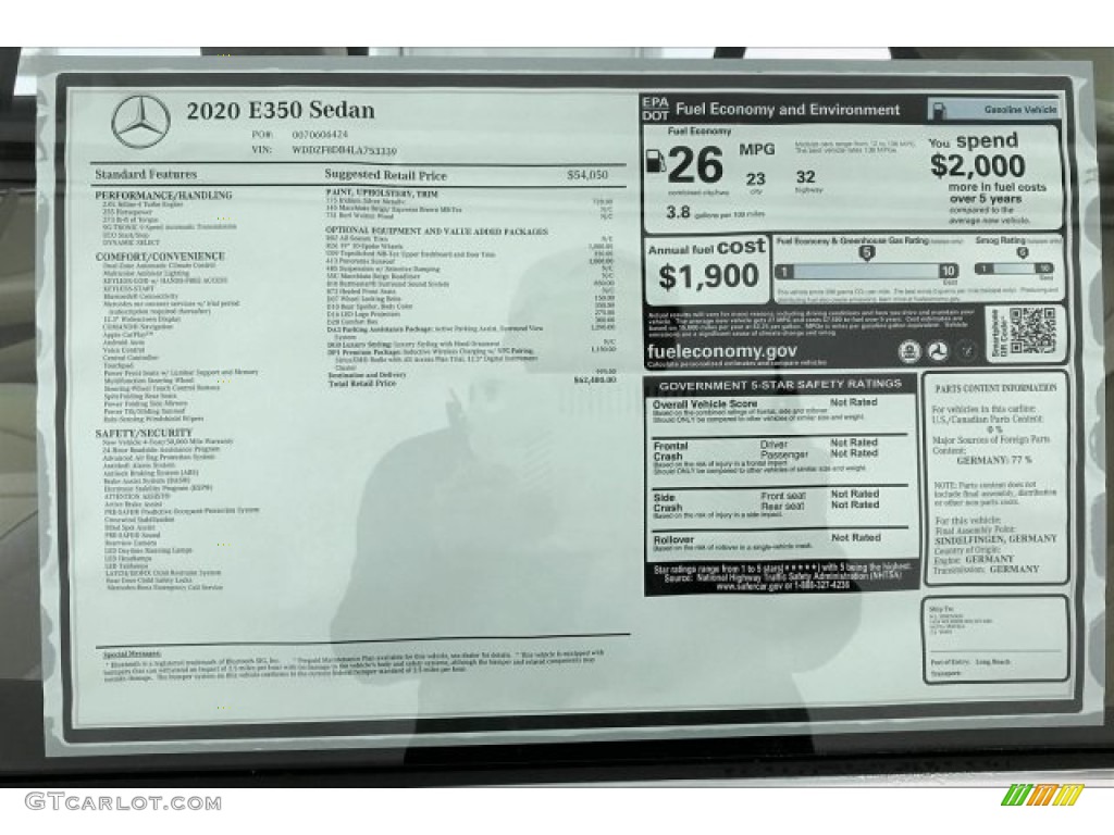 2020 Mercedes-Benz E 350 Sedan Window Sticker Photo #136422527
