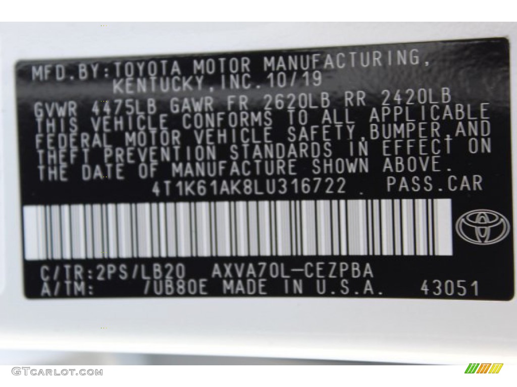 2020 Camry Color Code 2PS for Wind Chill Pearl Photo #136427865