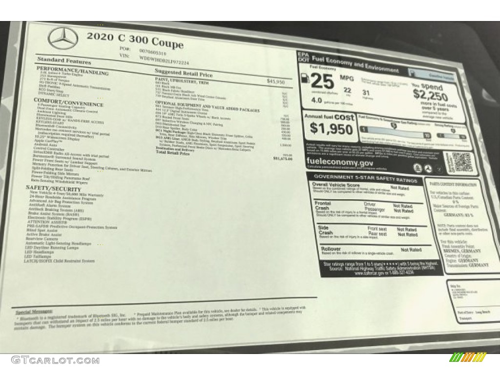 2020 Mercedes-Benz C 300 Coupe Window Sticker Photo #136438890