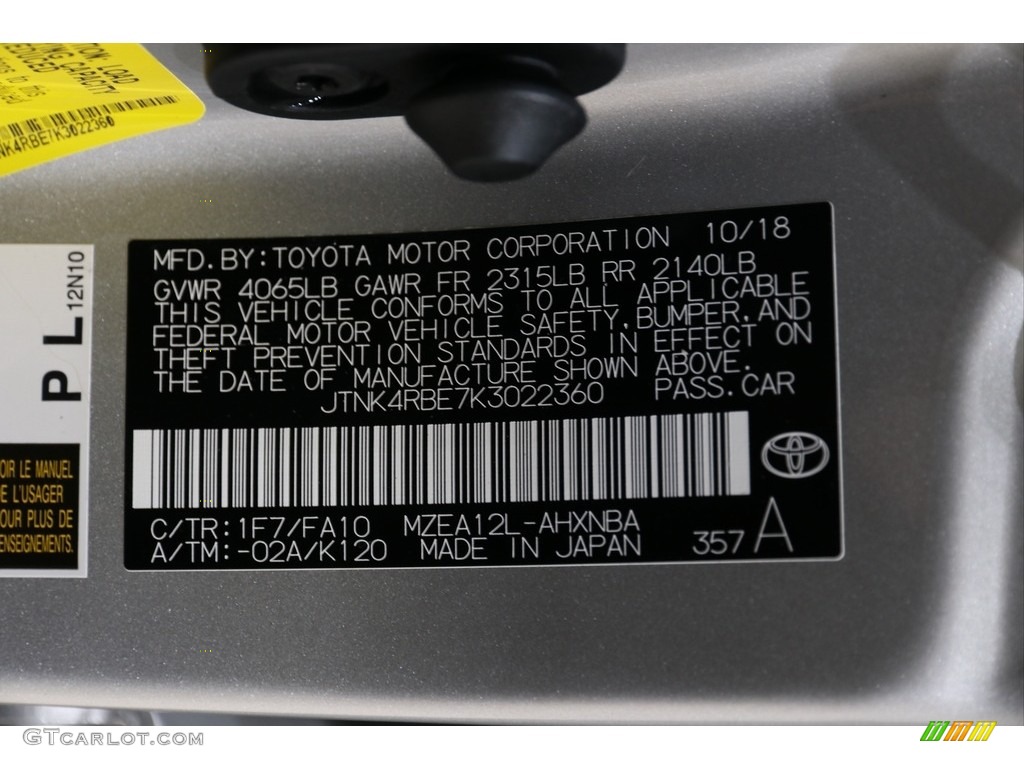 2019 Corolla Hatchback Color Code 1F7 for Classic Silver Metallic Photo #136446069