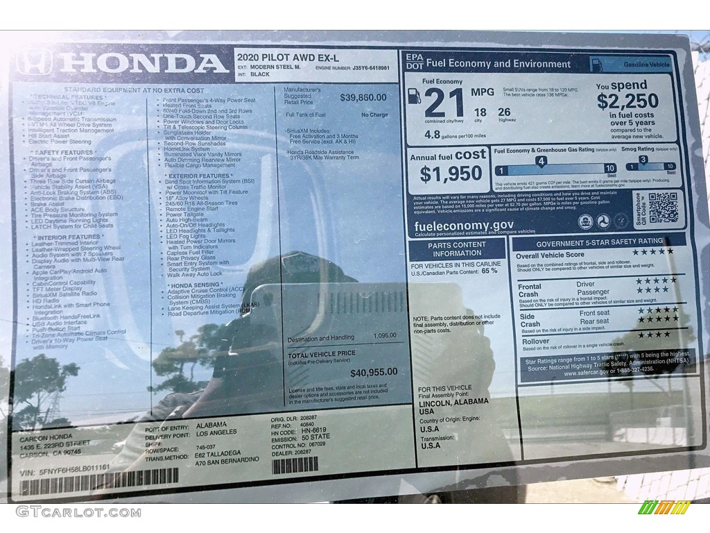 2020 Honda Pilot EXL AWD Window Sticker Photo 136463184