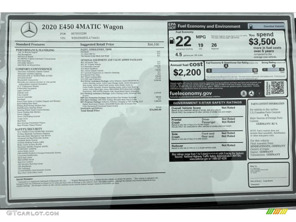 2020 Mercedes-Benz E 450 4Matic Wagon Window Sticker Photo #136468126
