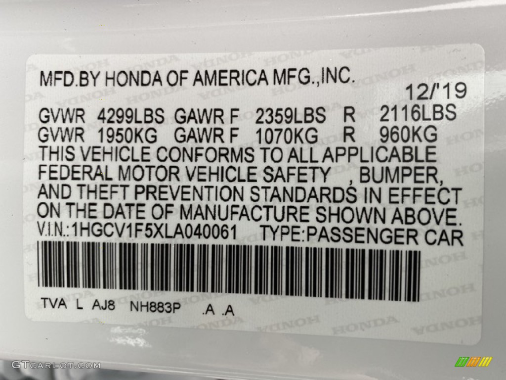 2020 Accord Color Code NH883P for Platinum White Pearl Photo #136490293