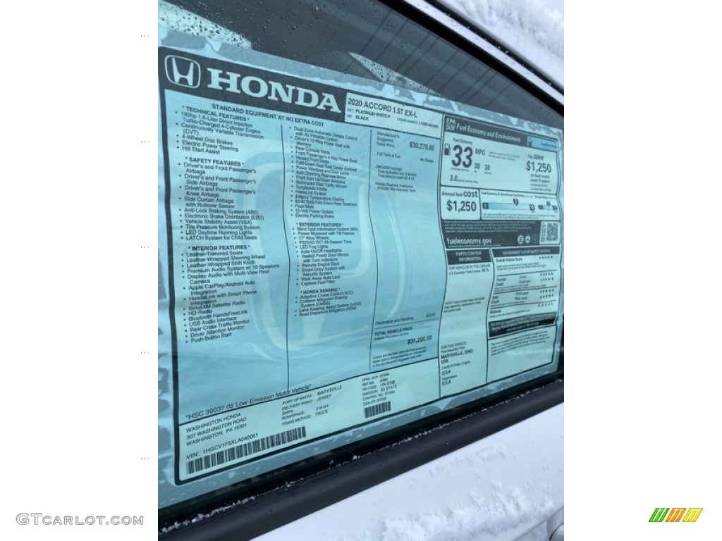 2020 Honda Accord EX-L Sedan Window Sticker Photo #136490413