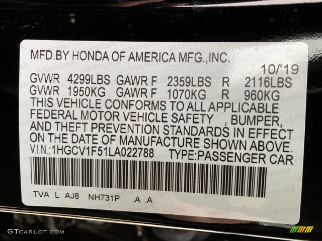 2020 Accord Color Code NH731P for Crystal Black Pearl Photo #136494691