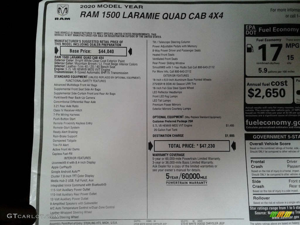 2020 1500 Laramie Quad Cab 4x4 - Bright White / Light Frost Beige/Mountain Brown photo #26