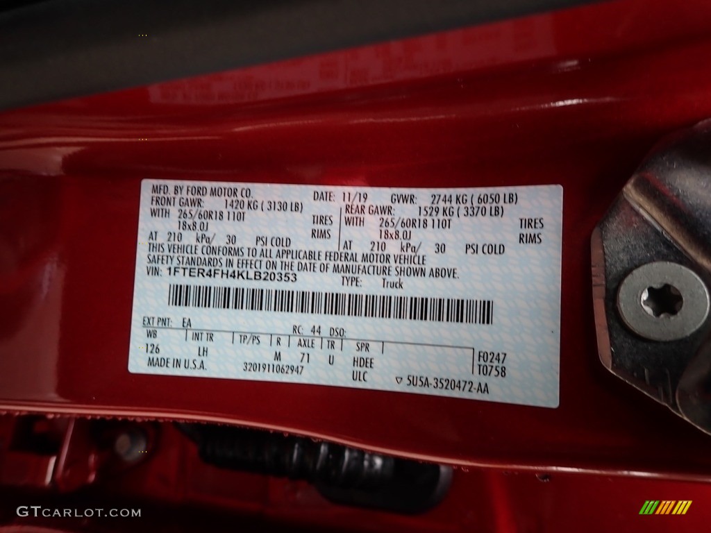 2019 Ranger Color Code EA for Hot Pepper Red Metallic Photo #136499194