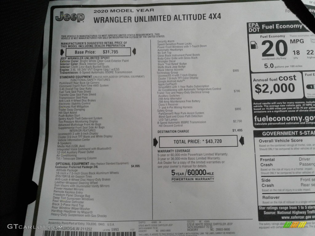 2020 Wrangler Unlimited Altitude 4x4 - Bright White / Black photo #27
