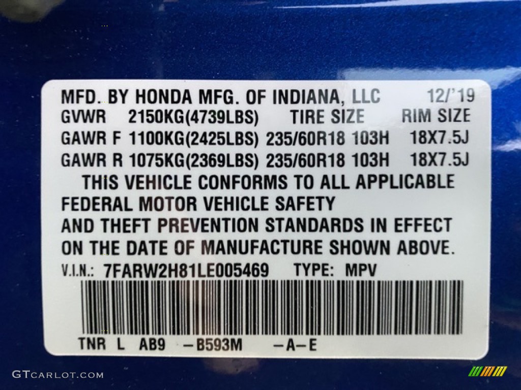 2020 CR-V EX-L AWD - Aegean Blue Metallic / Black photo #9