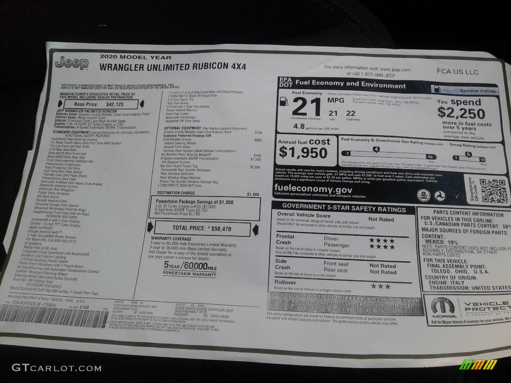 2020 Jeep Wrangler Unlimited Rubicon 4x4 Window Sticker Photo #136527857