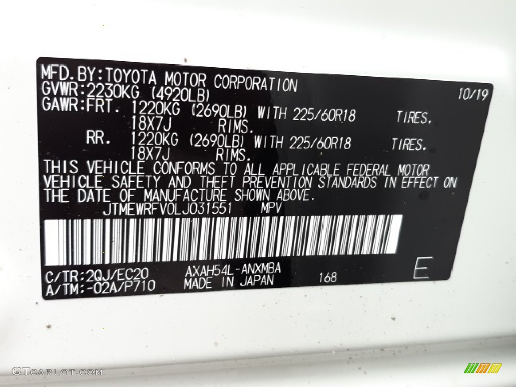 2020 RAV4 Color Code 2QJ for Blizzard White Pearl Photo #136532659