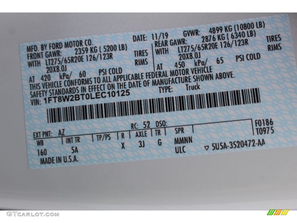 2020 F250 Super Duty Color Code AZ for Star White Metallic Photo #136558148