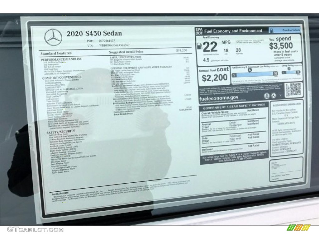 2020 Mercedes-Benz S 450 Sedan Window Sticker Photo #136583488