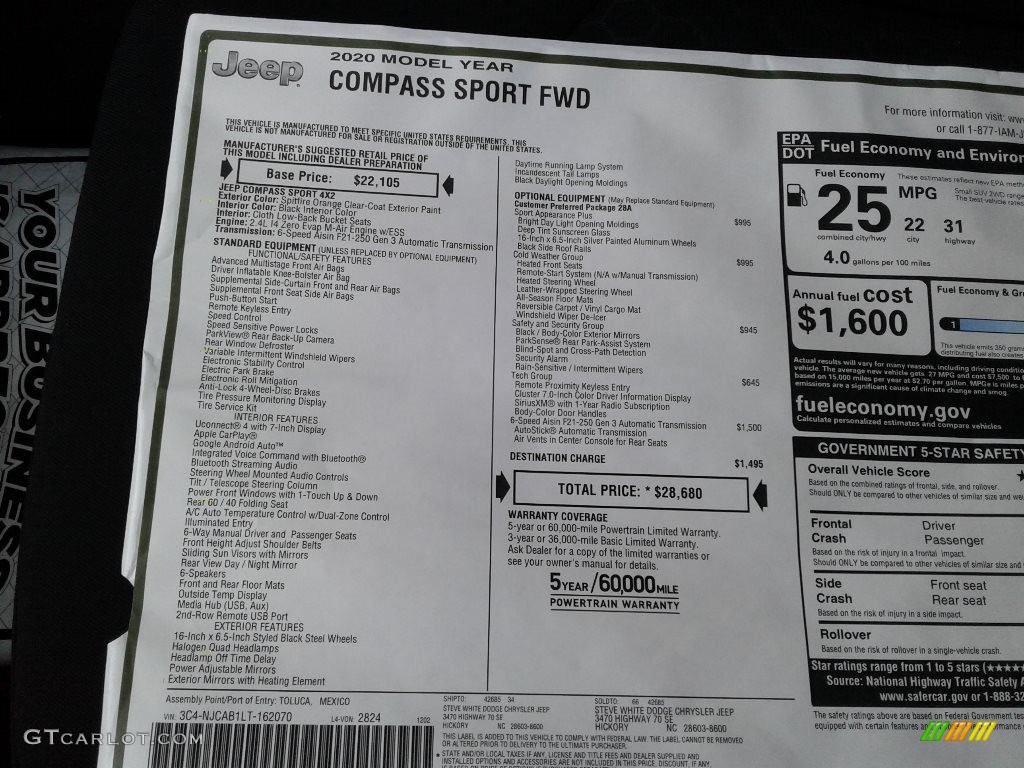 2020 Jeep Compass Sport Window Sticker Photo #136603560