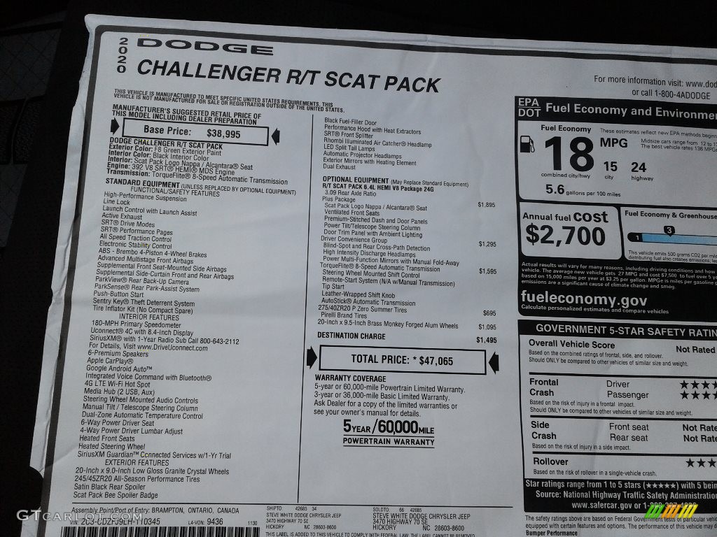 2020 Dodge Challenger R/T Scat Pack Window Sticker Photo #136605327