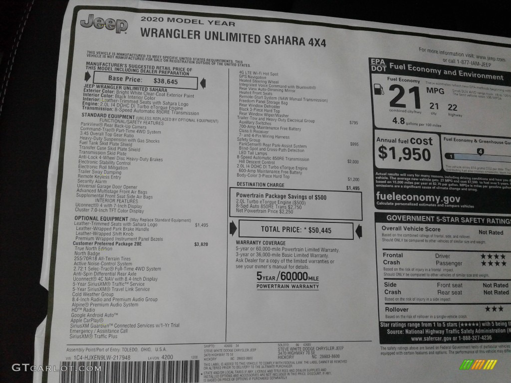 2020 Wrangler Unlimited Sahara 4x4 - Bright White / Black photo #31