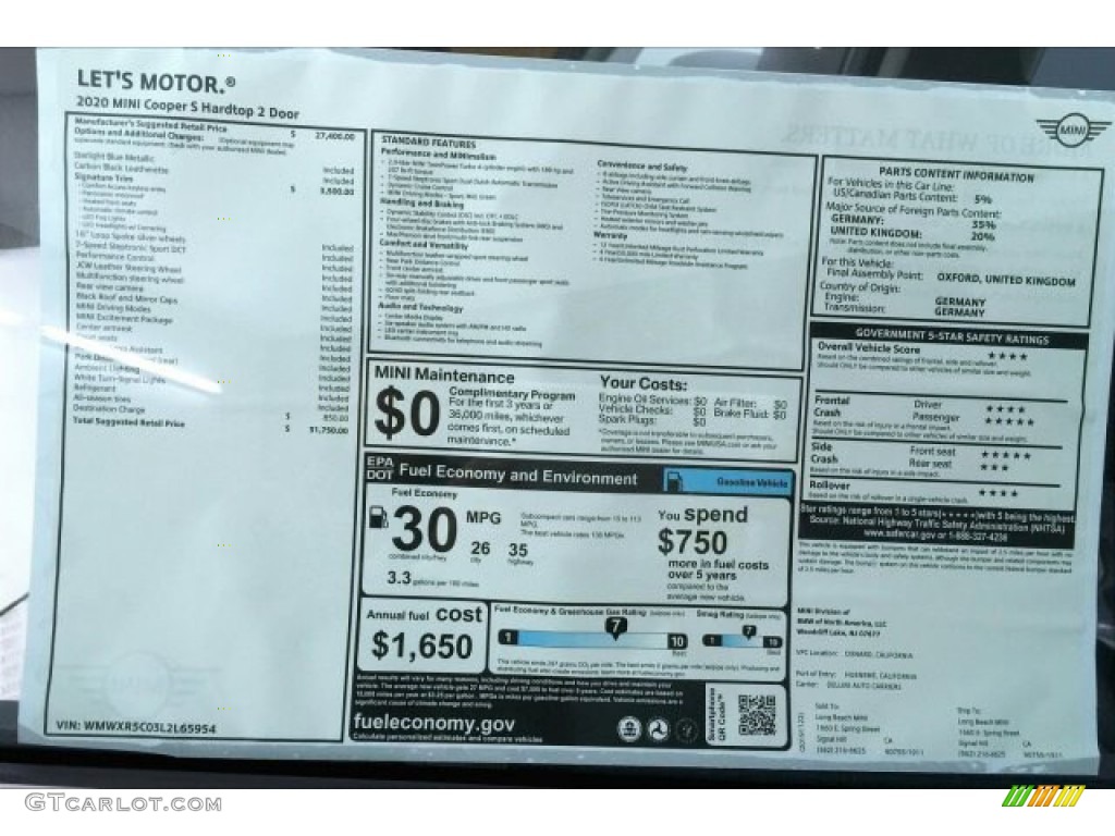2020 Mini Hardtop Cooper S 2 Door Window Sticker Photo #136614566