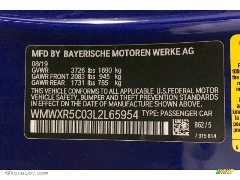 2020 Hardtop Color Code B62 for Starlight Blue Metallic Photo #136614590