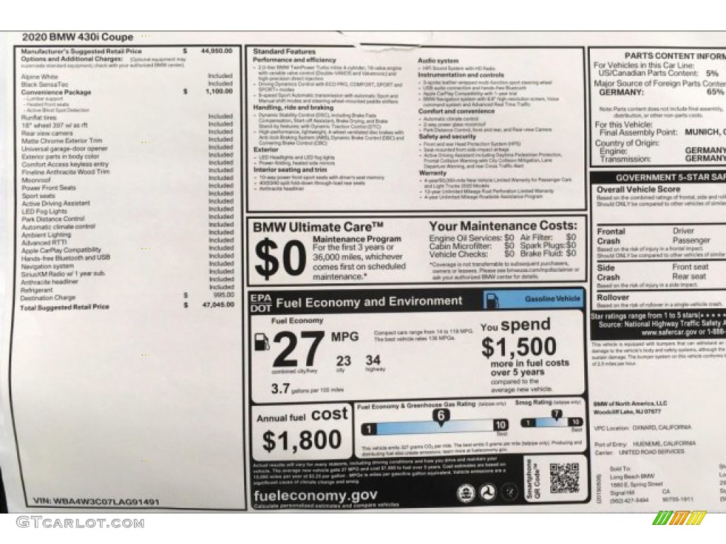 2020 BMW 4 Series 430i Coupe Window Sticker Photos