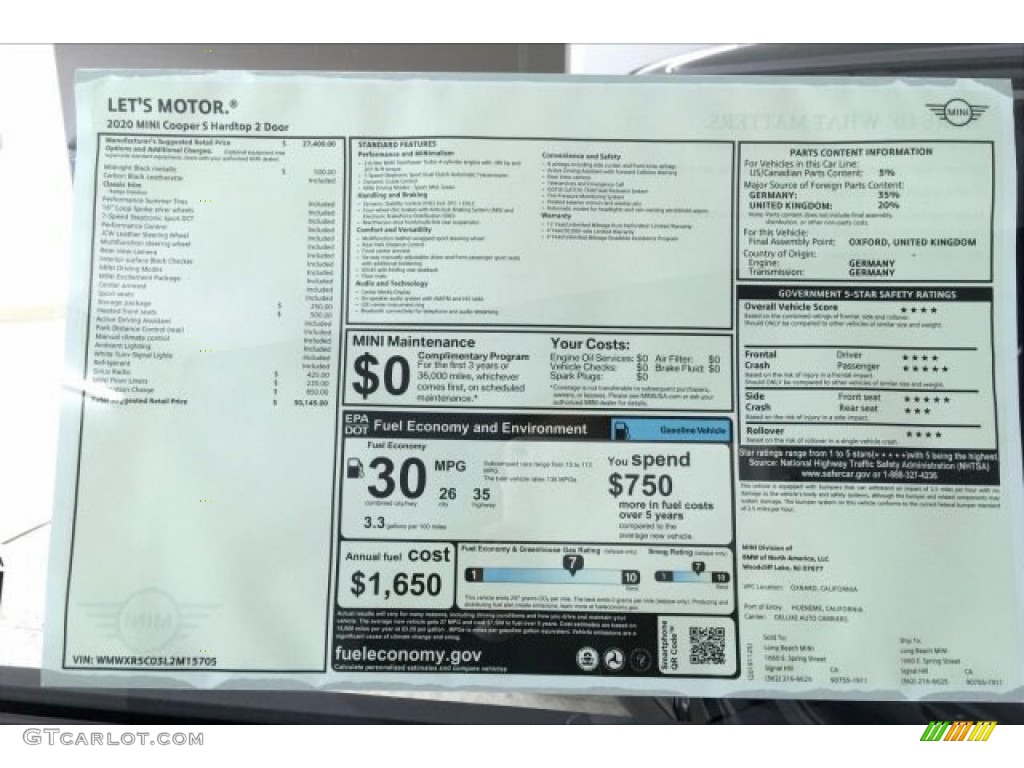 2020 Mini Hardtop Cooper S 2 Door Window Sticker Photo #136621647