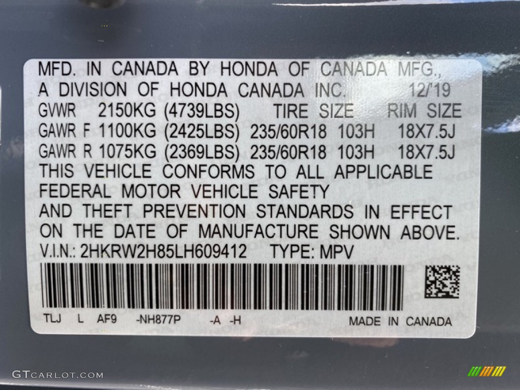 2020 CR-V Color Code NH877P for Sonic Gray Pearl Photo #136623123