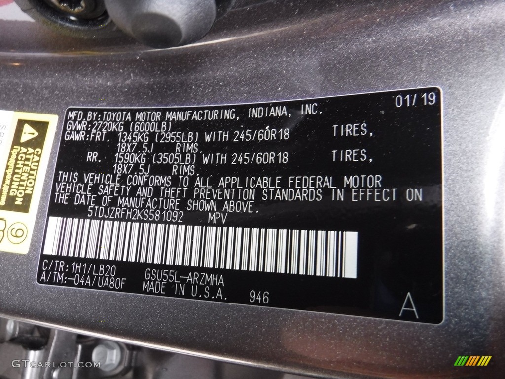 2019 Toyota Highlander XLE AWD Color Code Photos