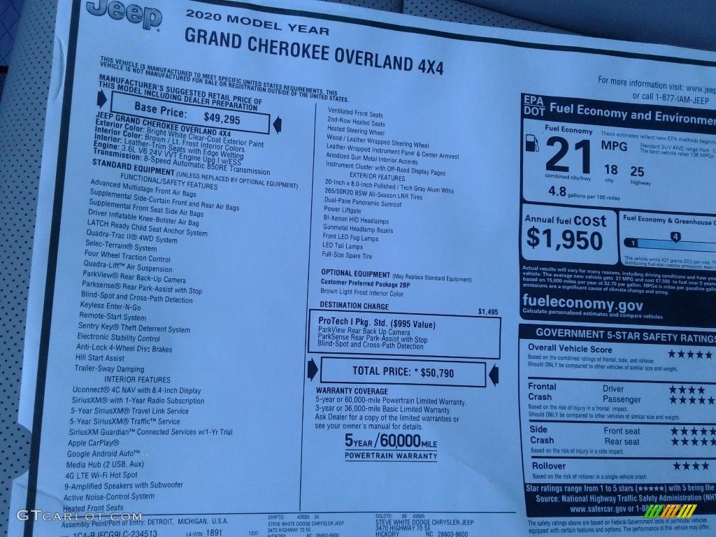 2020 Grand Cherokee Overland 4x4 - Bright White / Light Frost/Brown photo #35