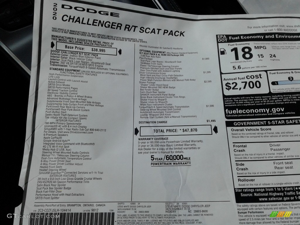 2020 Challenger R/T Scat Pack Shaker - IndiGo Blue / Black photo #30