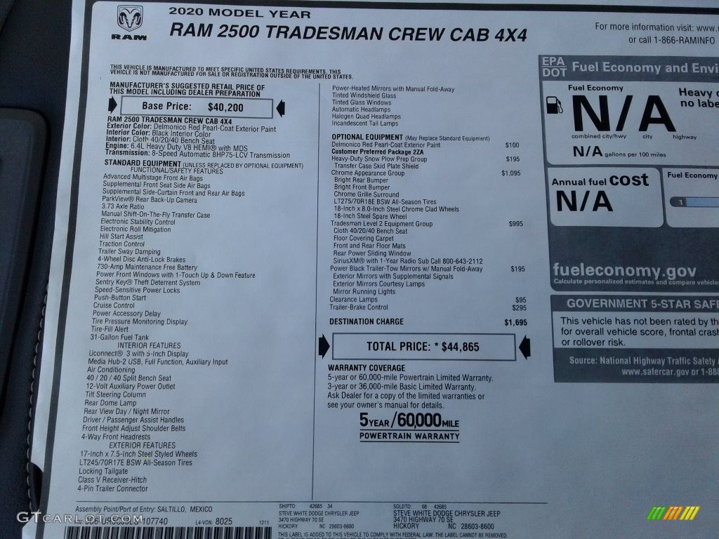 2020 Ram 2500 Tradesman Crew Cab 4x4 Window Sticker Photo #136648108