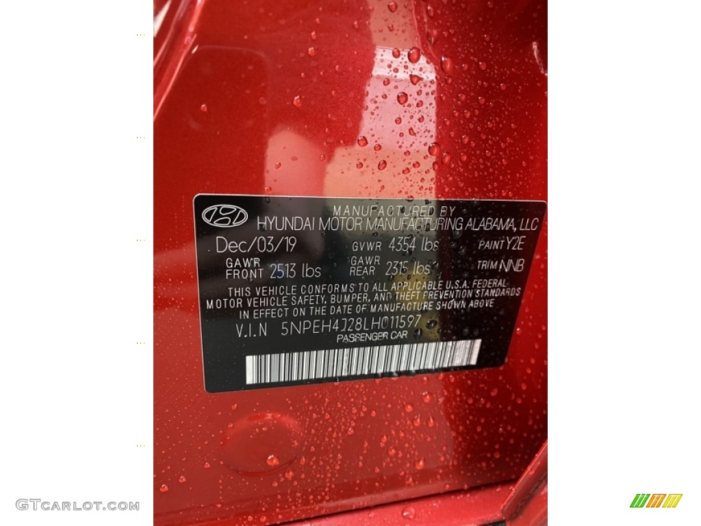 2020 Sonata Color Code Y2E for Calypso Red Photo #136659452