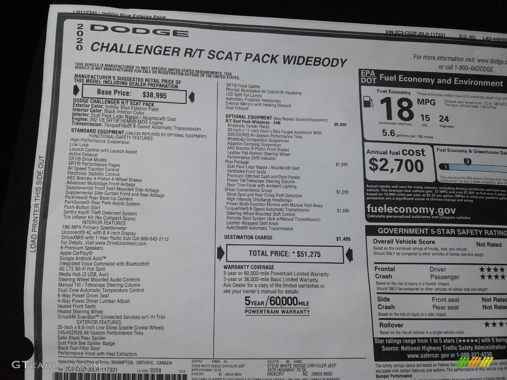 2020 Dodge Challenger R/T Scat Pack Widebody Window Sticker Photo #136663406