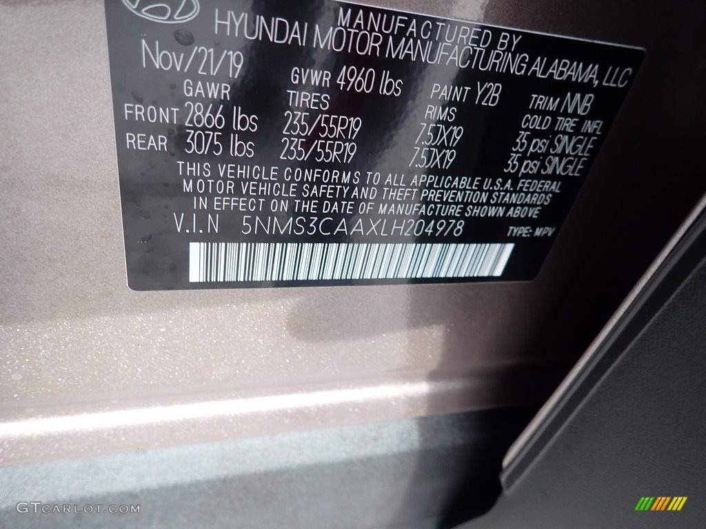 2020 Hyundai Santa Fe SEL 2.0 AWD Color Code Photos