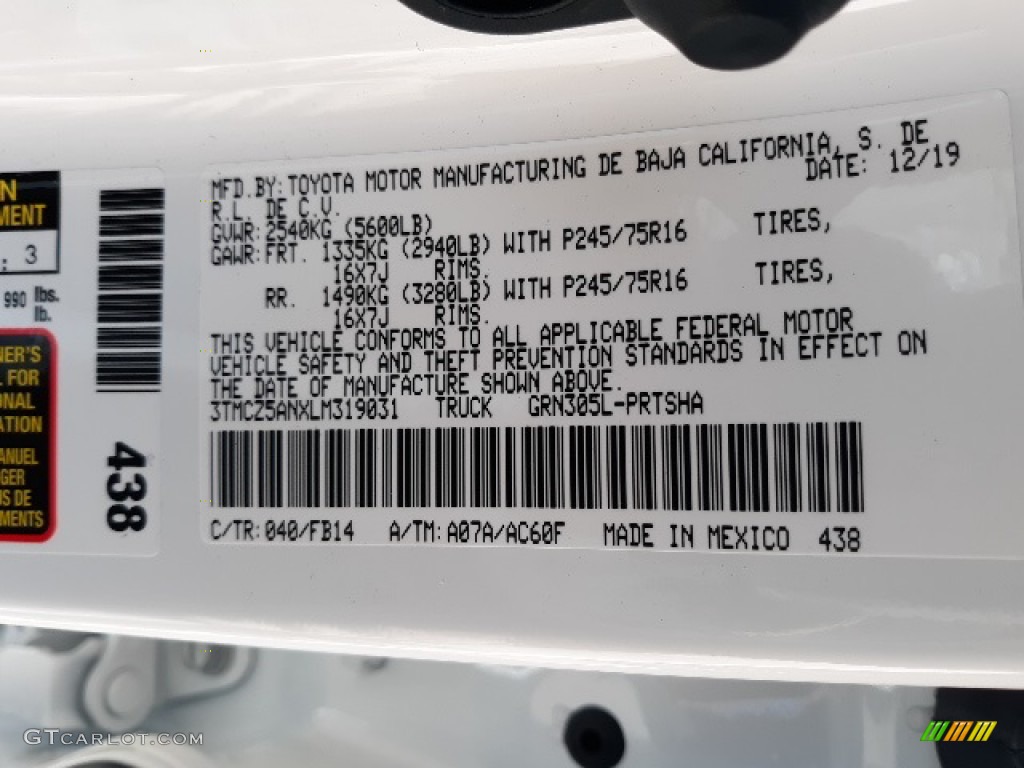 2020 Tacoma Color Code 040 for Super White Photo #136710846