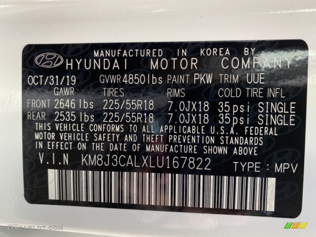 2020 Tucson Color Code PKW for Winter White Photo #136734649