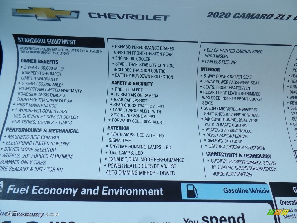2020 Chevrolet Camaro ZL1 Coupe Window Sticker Photo #136743034