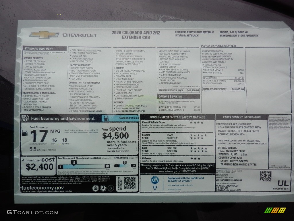 2020 Chevrolet Colorado Z71 Extended Cab 4x4 Window Sticker Photo #136763623