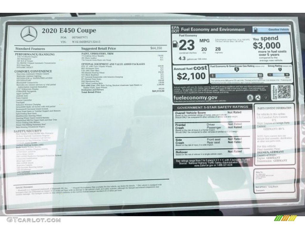 2020 Mercedes-Benz E 450 Coupe Window Sticker Photo #136764481
