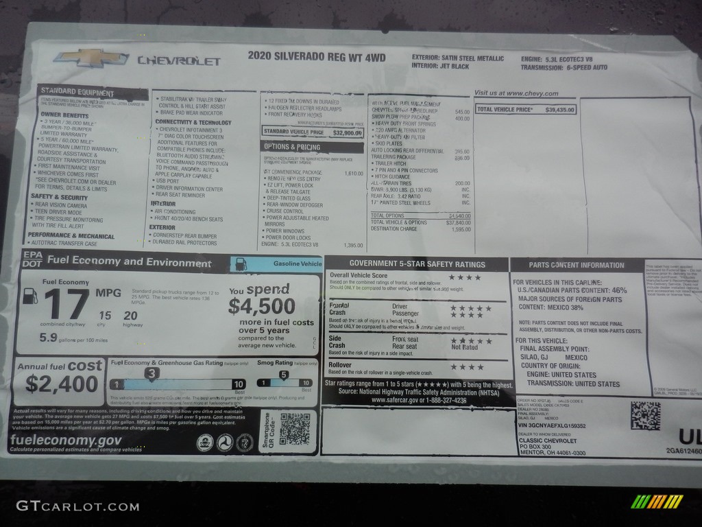 2020 Chevrolet Silverado 1500 WT Regular Cab 4x4 Window Sticker Photo #136764709