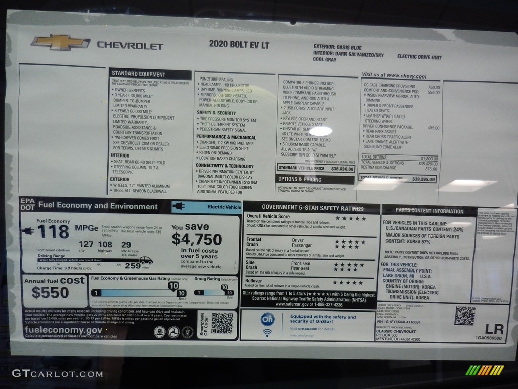 2020 Chevrolet Bolt EV LT Window Sticker Photo #136773844