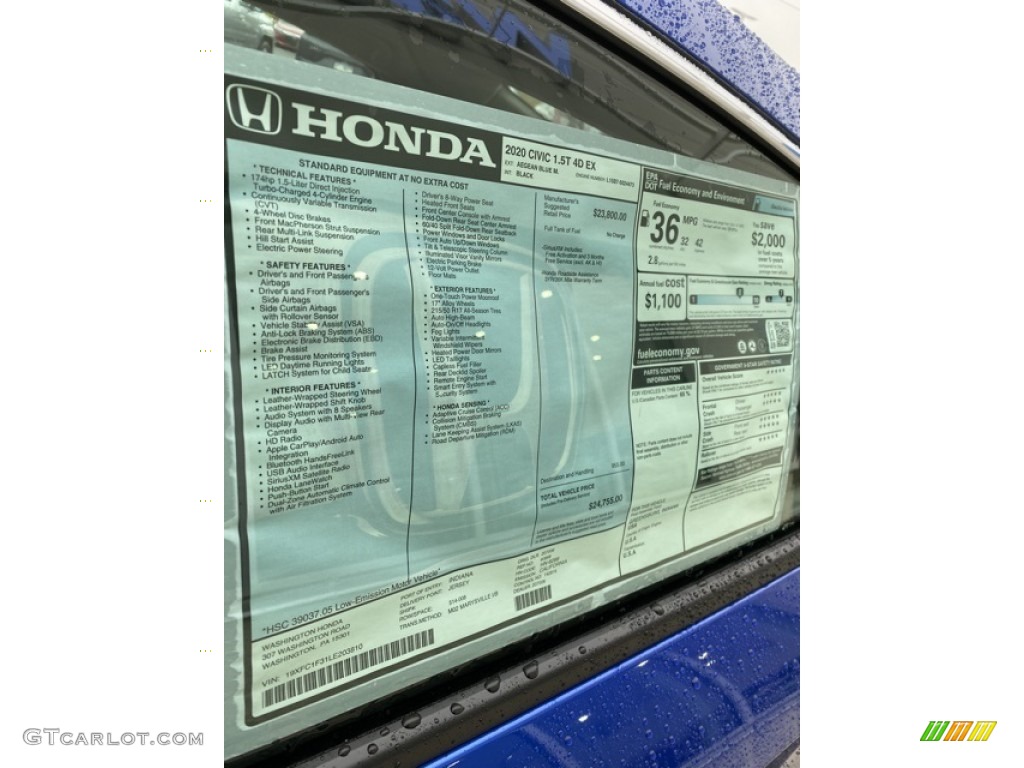2020 Civic EX Sedan - Aegean Blue Metallic / Black photo #15