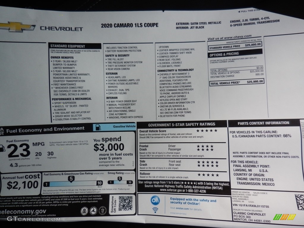 2020 Chevrolet Camaro LT Coupe Window Sticker Photos