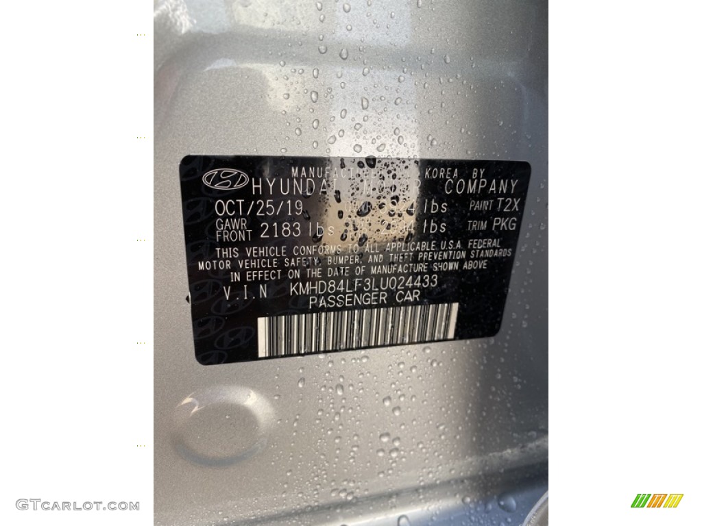 2020 Elantra Color Code T2X for Stellar Silver Photo #136838230
