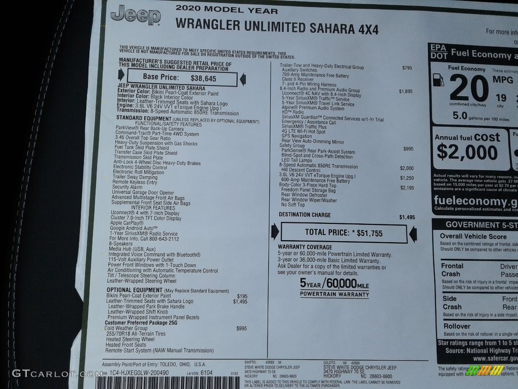 2020 Jeep Wrangler Unlimited Sahara 4x4 Window Sticker Photo #136847603