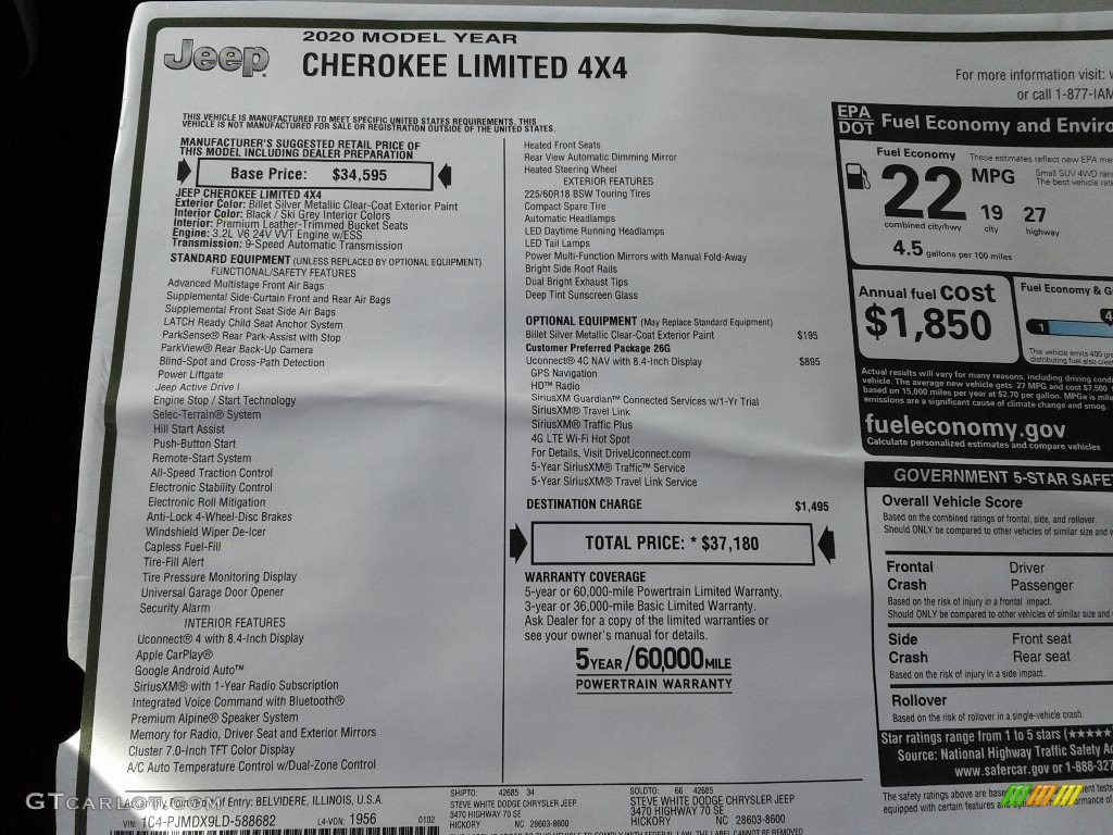 2020 Jeep Cherokee Limited 4x4 Window Sticker Photo #136848569