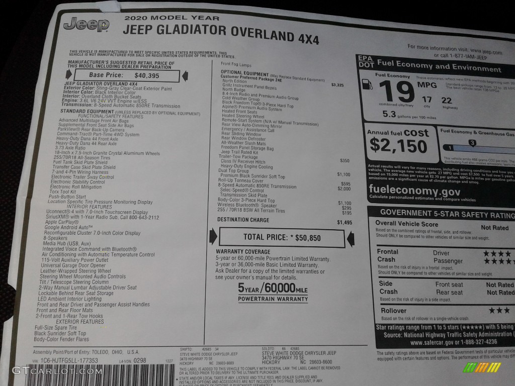 2020 Jeep Gladiator Overland 4x4 Window Sticker Photo #136849475