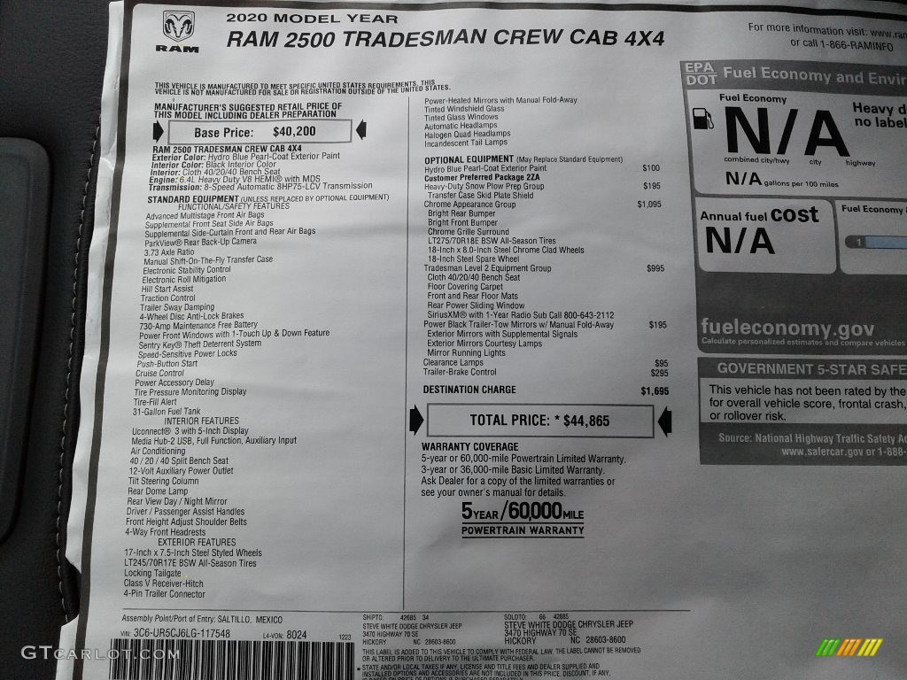 2020 Ram 2500 Tradesman Crew Cab 4x4 Window Sticker Photo #136850294