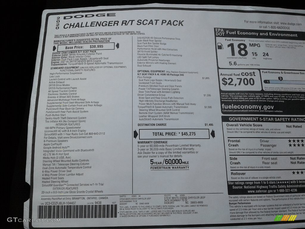 2020 Dodge Challenger R/T Scat Pack Window Sticker Photo #136853387